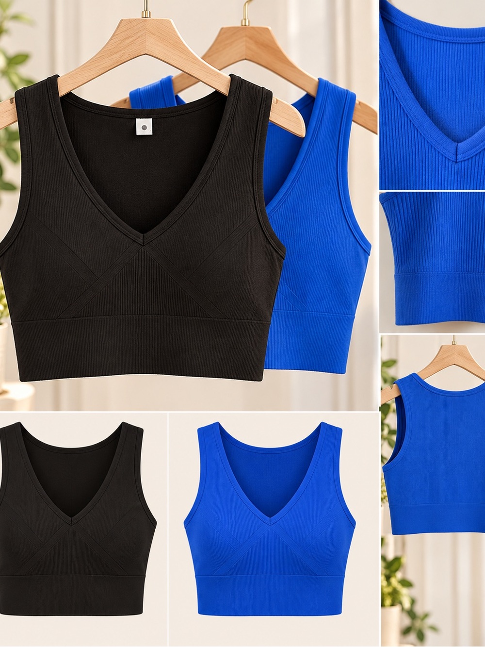 Source Unknown V‑Neck Ribbed Crop Tank - Black & Blue